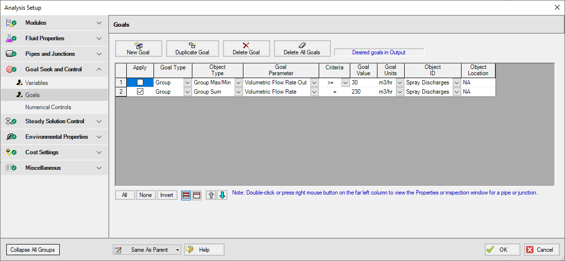 The Goals tab of the Goal Seek and Control Manager window with the Group Sum goal applied.